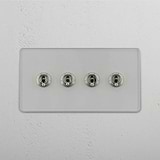 Advanced Four-Levers Double Toggle Switch in Clear Polished Nickel for Light Control on White Background