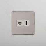 Single RJ45 & HDMI Module in Polished Nickel White on White Background