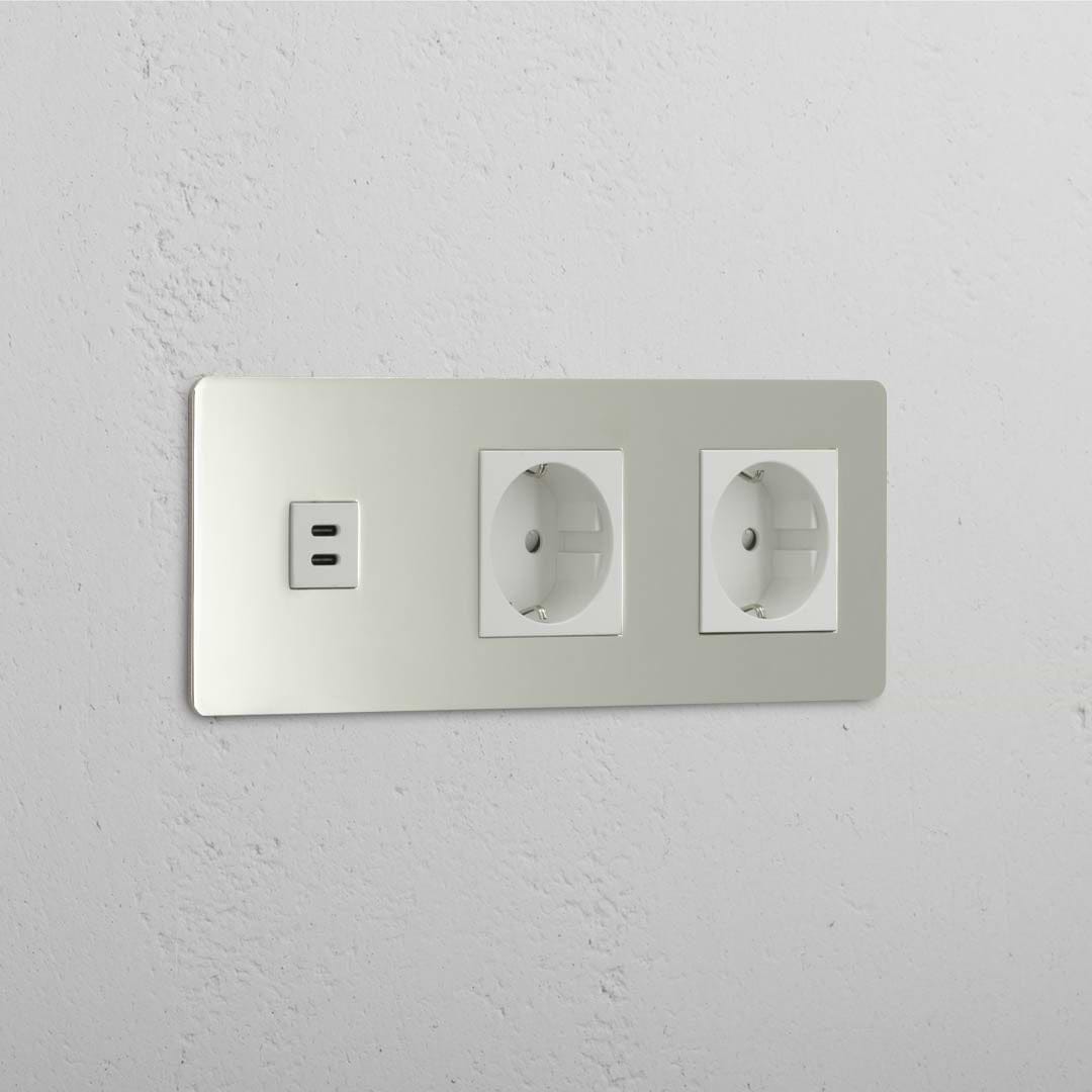 Mixed High-Speed Charging and Schuko Standard Outlet: Triple USB 30W & 2x Schuko Module in Polished Nickel White