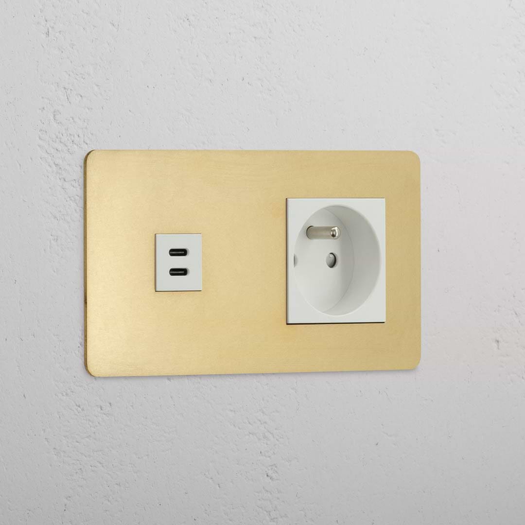 Double USB 30W & French Module in Antique Brass White - Power Solution