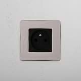 French Standard Power Outlet on White Background: Polished Nickel Black Single French Power Module