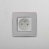 French Standard Power Outlet: Polished Nickel White Single French Power Module on White Background