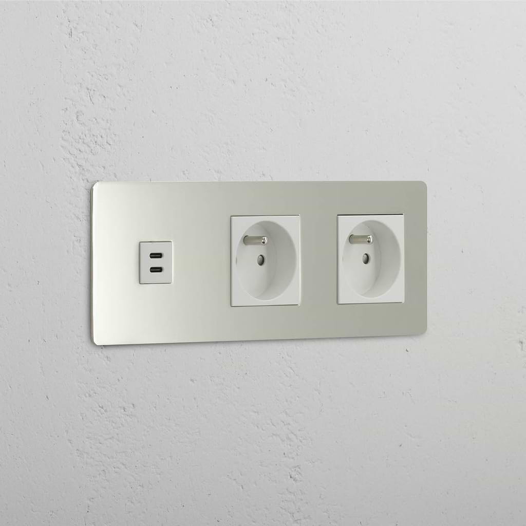 Mixed High-Speed Charging and French Standard Outlet: Triple USB 30W & 2x French Module in Polished Nickel White