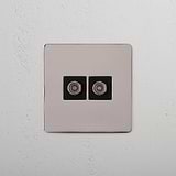Dual TV Signal Accessory on White Background: Polished Nickel Black Single 2x TV Module
