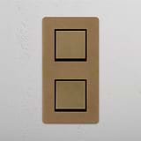 Vertical Double Rocker Switch, Antique Brass Black Style on White Background