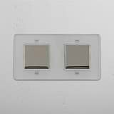 Modern Double Rocker Switch in Clear Polished Nickel White - Versatile Light Control Tool on White Background