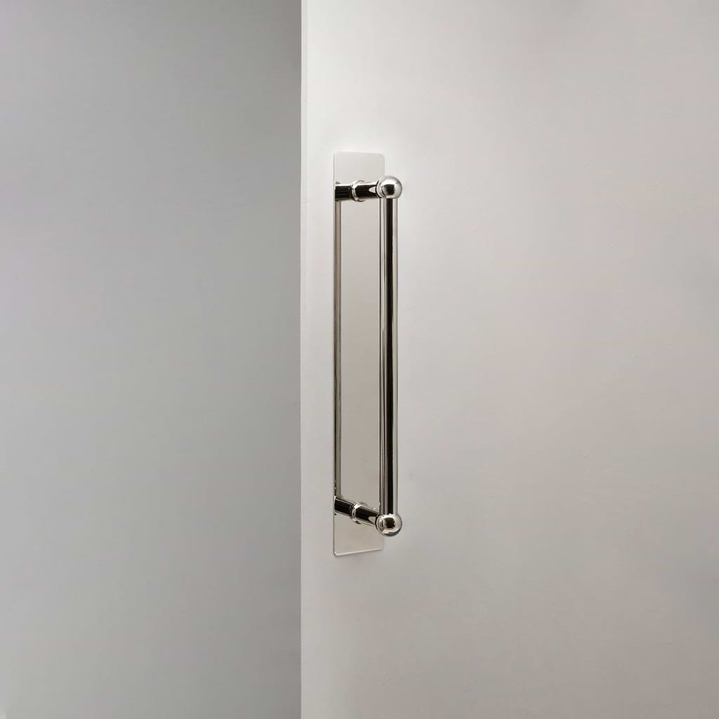 Polished Nickel Harper Single Pull Handle with Plate 320mm on White Background