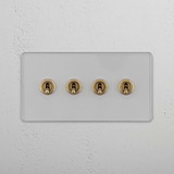 Clear Antique Brass Double Toggle Switch with 4 Positions - Robust Light Control Accessory on White Background