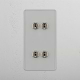 Versatile Vertical Four-Levers Double Toggle Switch in Clear Polished Nickel - Modern Lighting Solution on White Background