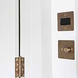 Antique Brass Door Hinge on Door Alongside Fan Isolator And 2G Switch