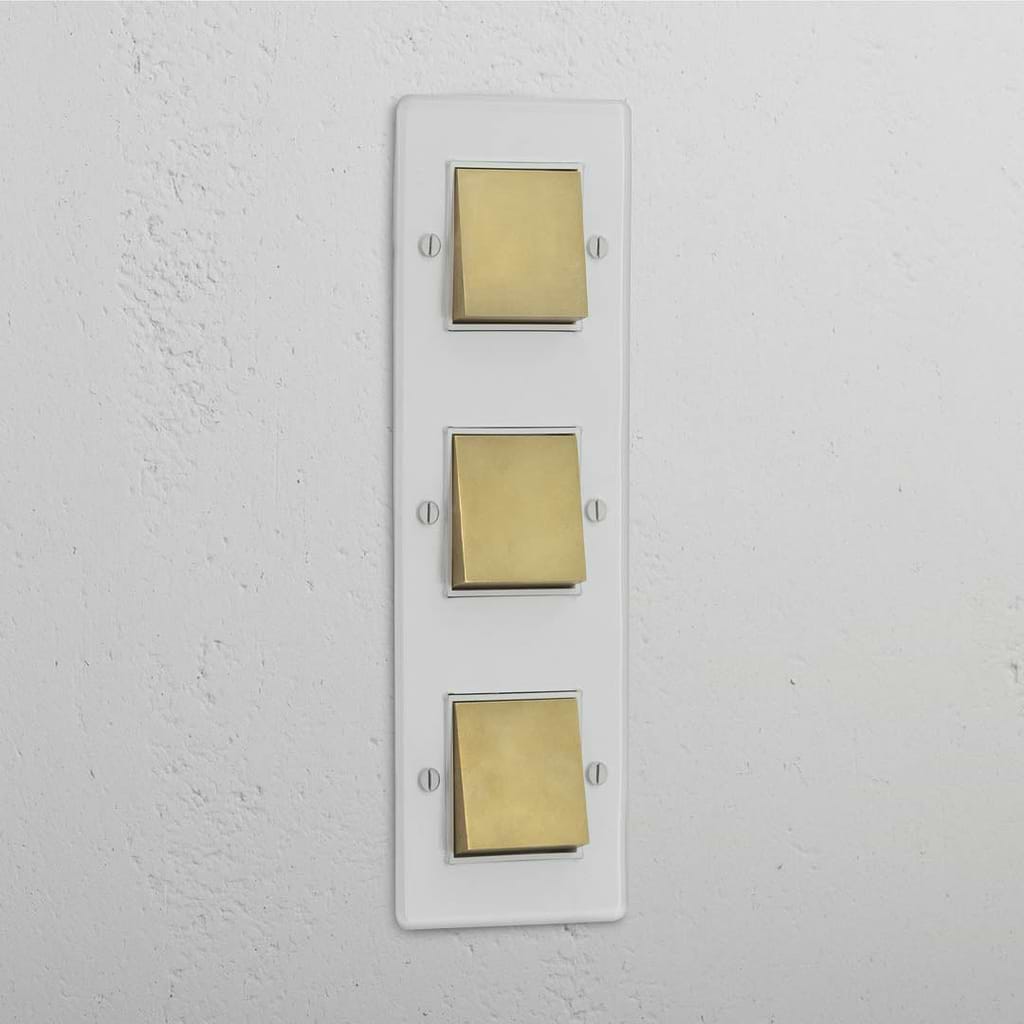Vertical Triple Rocker Switch in Clear Antique Brass White - Efficient Light Control Tool
