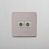 Dual TV Signal Accessory: Polished Nickel White Single 2x TV Module on White Background