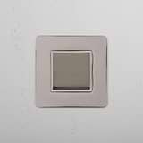 Single Rocker Switch in Polished Nickel White on White Background