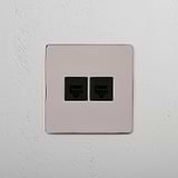 Dual Network Connectivity Accessory on White Background: Polished Nickel Black Single 2x RJ45 Module