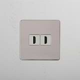 Dual High-Definition Video Accessory: Polished Nickel White Single 2x HDMI Module on White Background