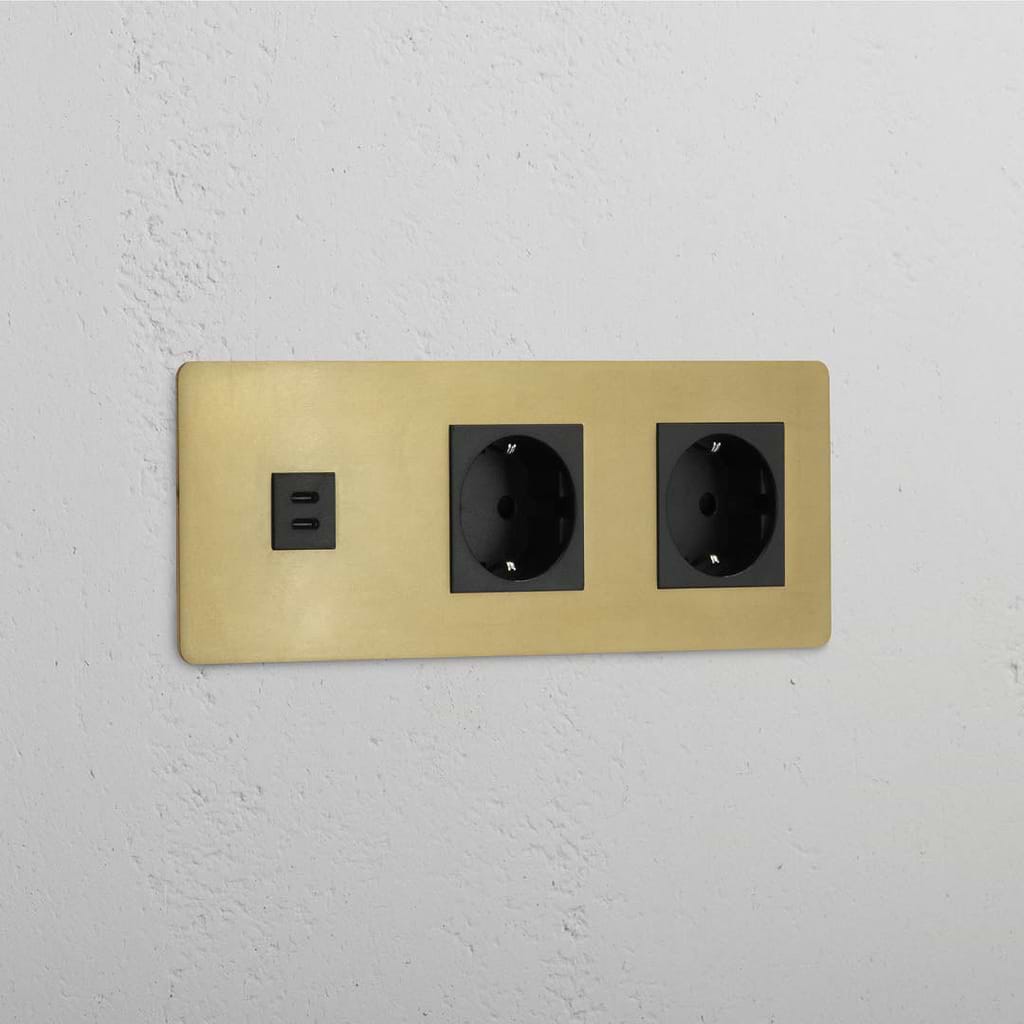 Triple USB 30W & Dual Schuko Module in Antique Brass Black Design