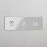 Prise USB-C 30W & Prise de Courant Ronde Type E x2 (Plaque Triple) - Transparent (Insert Blanc)