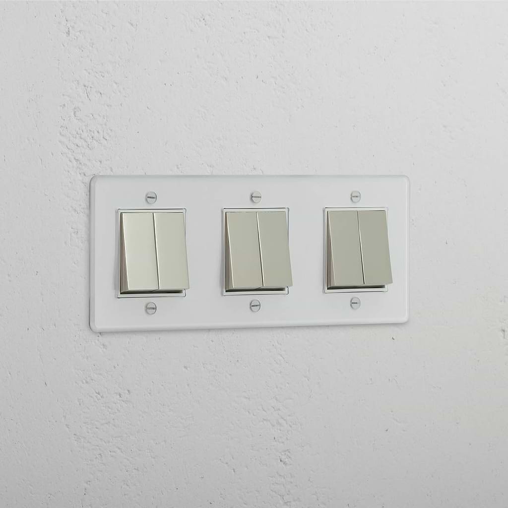 Six-Function Triple Rocker Switch in Clear Polished Nickel White - Comprehensive Light Control Solution