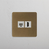 Antique Brass White Single RJ45 & HDMI Module, Perfect for Modern Homes on White Background