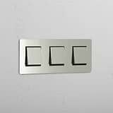 High Capacity Light Control Switch: Polished Nickel Black Triple 3x Rocker Switch