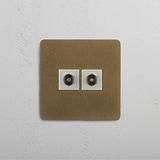 Two Port TV Single Module in Antique Brass White on White Background