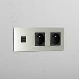 Mixed High-Speed Charging and French Standard Outlet: Polished Nickel Black Triple USB 30W & 2x French Module