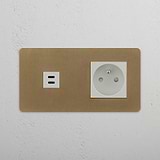 French Power and 30W USB Dual Module in Antique Brass White on White Background