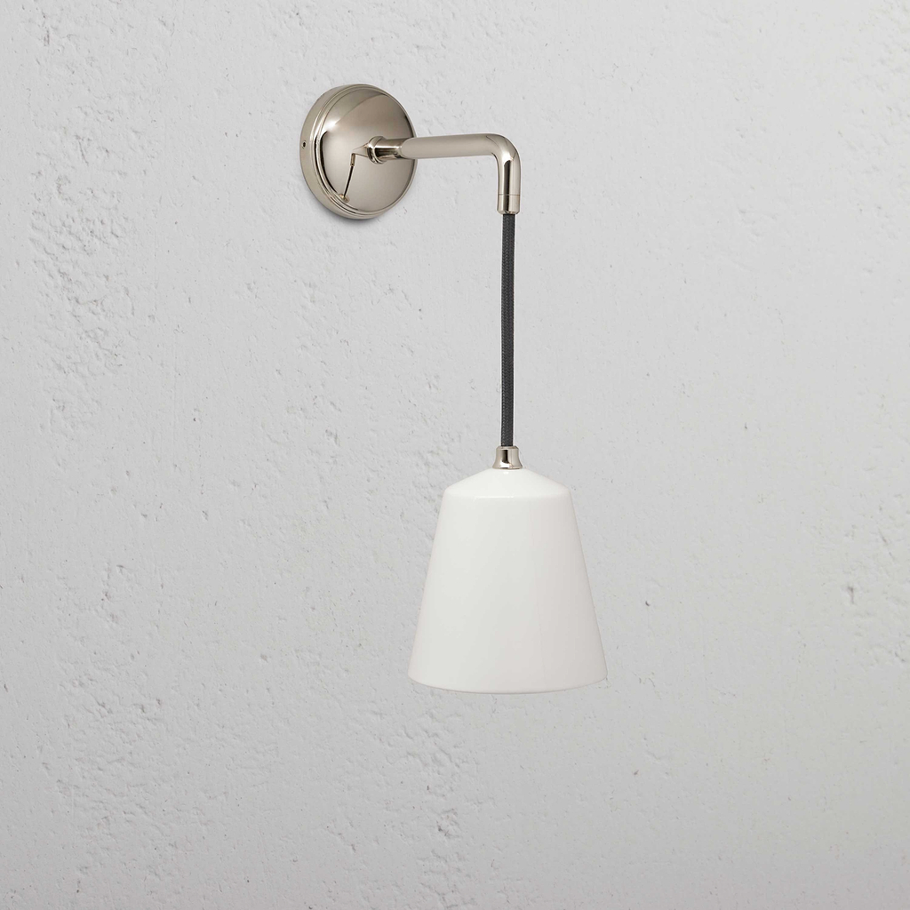 Luxury Polished Nickel Hanging Wall Light on Textured Wall Paired with a Fine Porcelain Shade