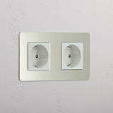 Dual Schuko Standard Power Outlet: Polished Nickel White Double 2x Schuko Module