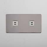 Dual High-Speed Charging Outlet: Polished Nickel White Double 2x USB Module on White Background