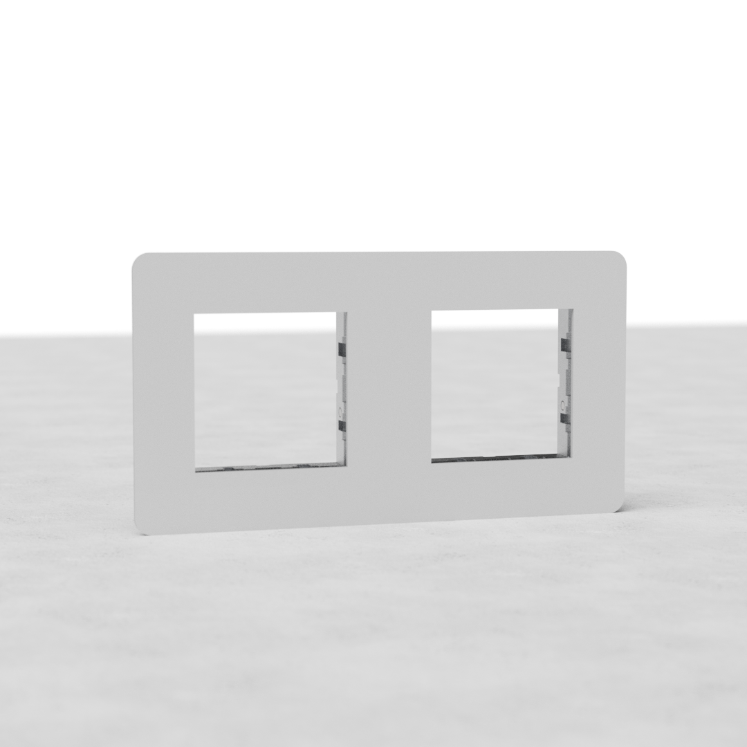 Espelhos de interruptor pintável duplo UE 45 mm em branco sobre superfície clara.