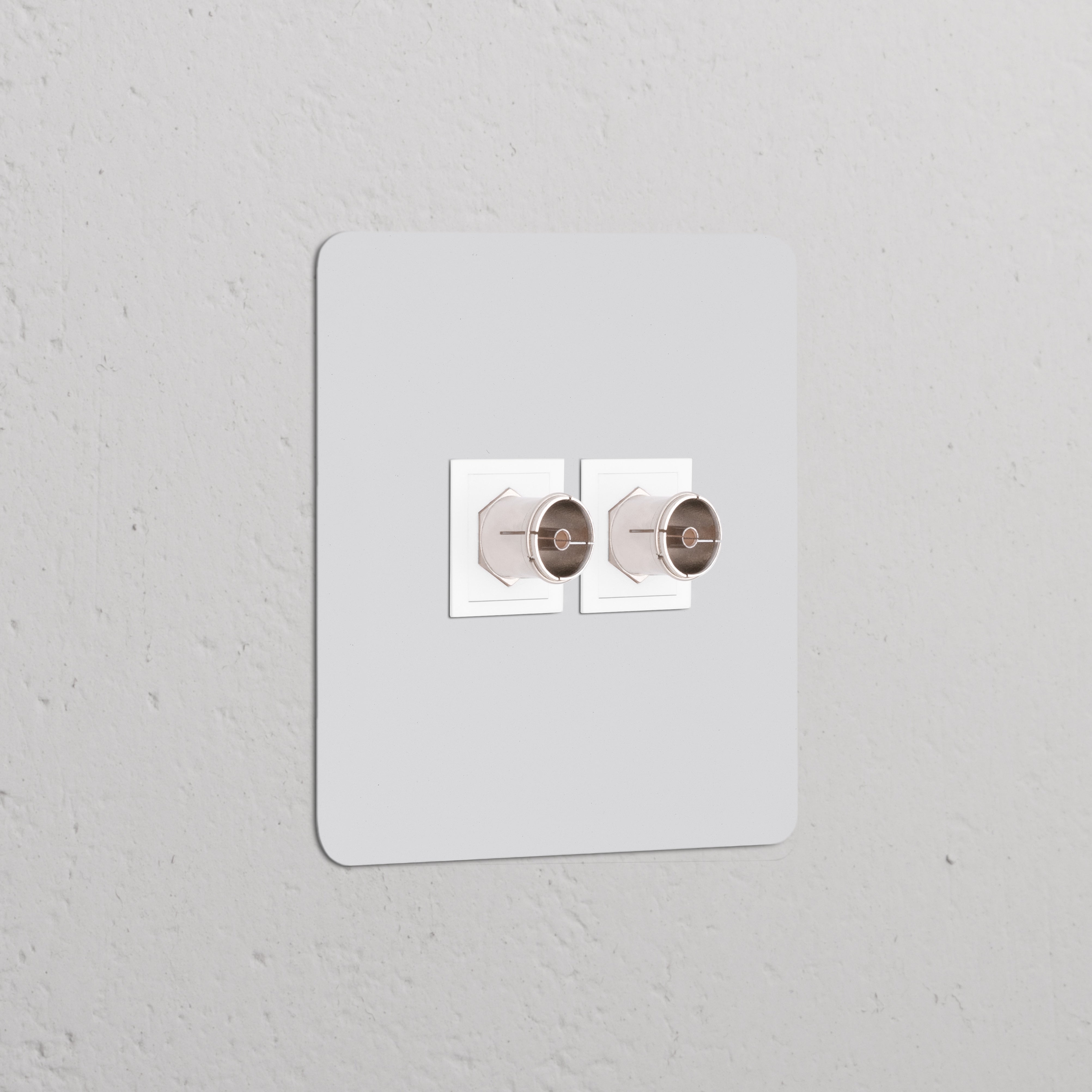 Módulo TV de duas vias branco pintável, com duas saídas coaxiais para tomadas e módulos individuais.