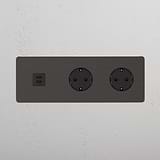 Módulo USB 30 W e Schuko de duas vias triplo redondo – Bronze Preto