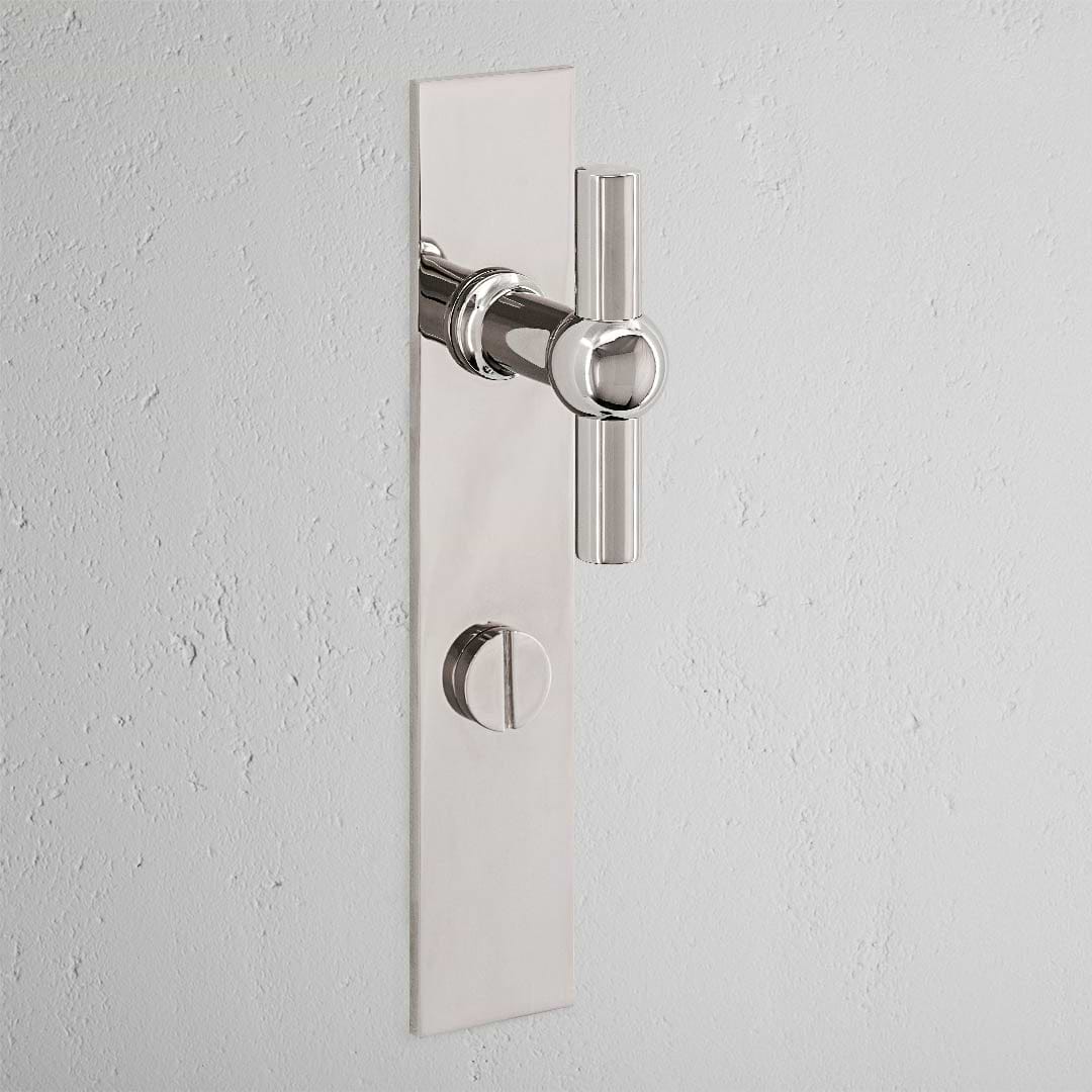 Puxador de porta em T Harper com espelho comprido (com mola) e trinco rotativo – Níquel Polido