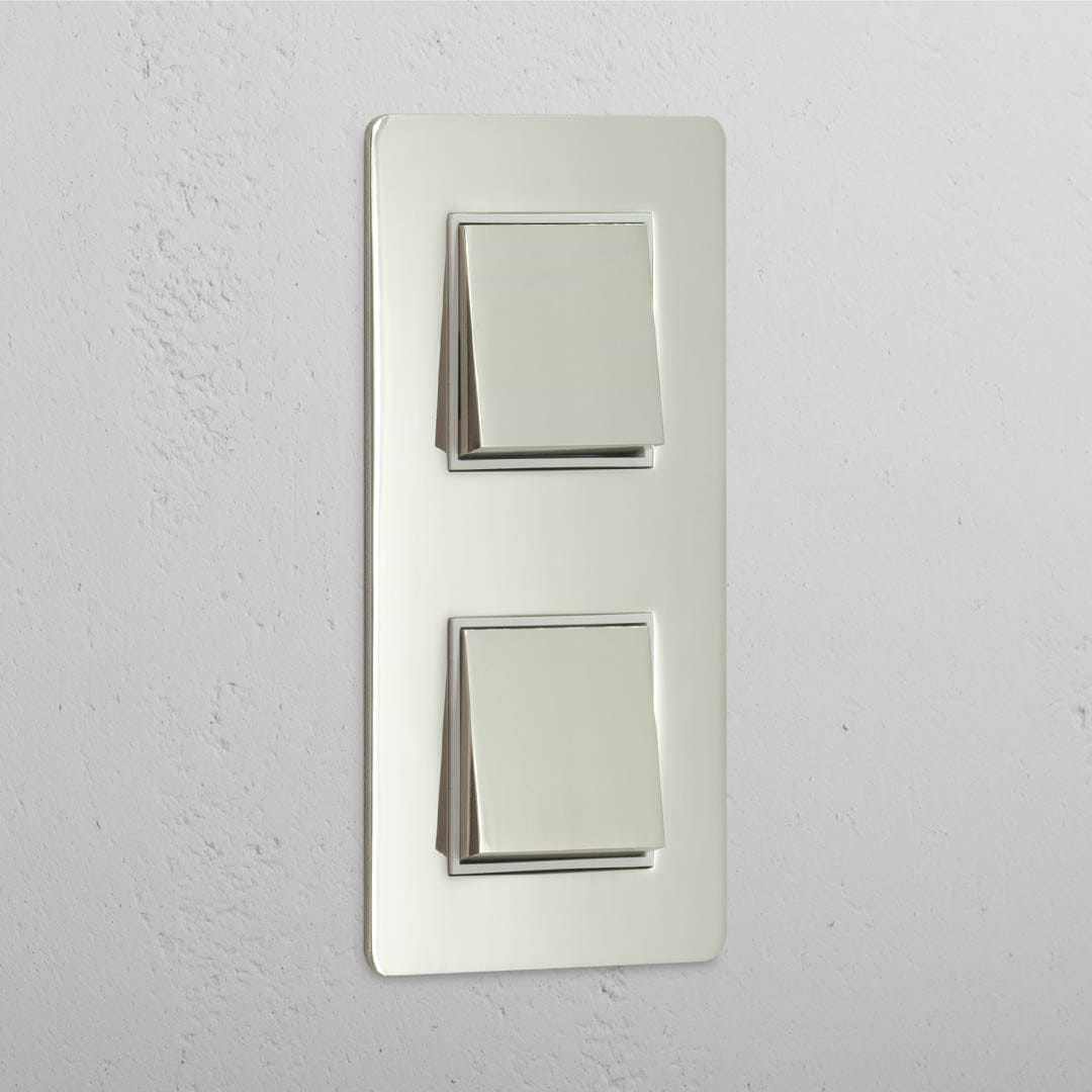 Interruptor de controlo de luz vertical duplo: Interruptor basculante vertical 2x duplo Níquel Polido Branco