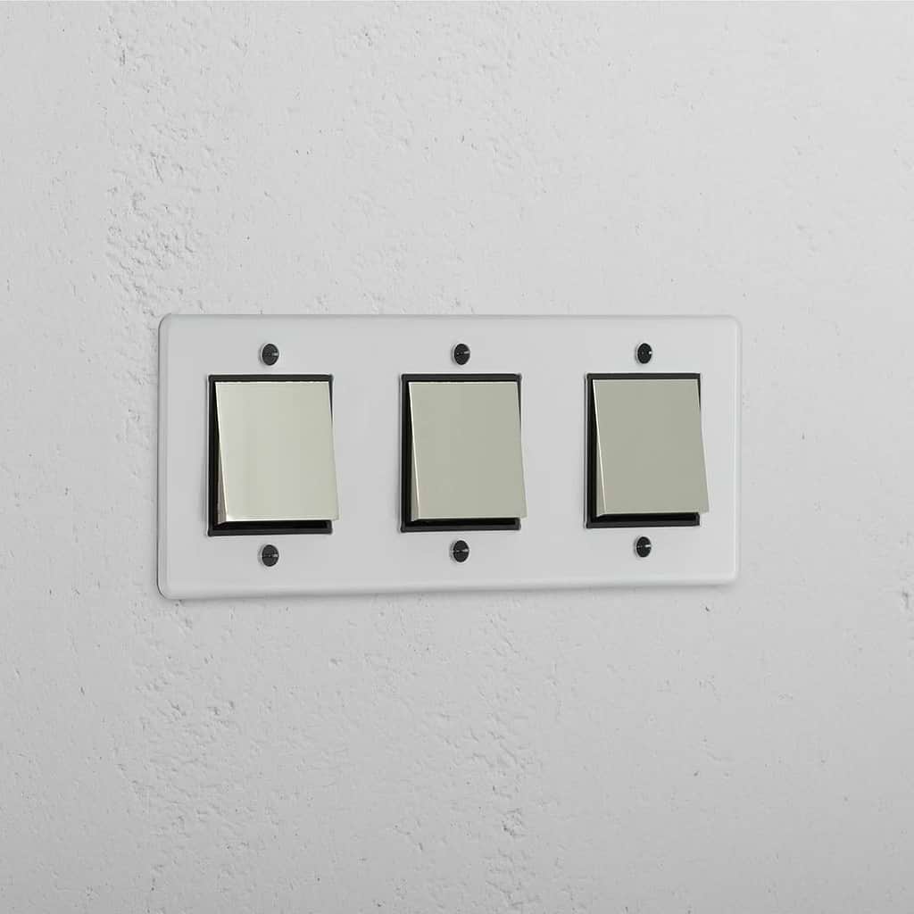 Interruptor basculante triplo em Níquel Polido Transparente Preto - Ferramenta de controlo de luz abrangente