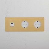Módulo USB 30 W e Schuko de duas vias triplo redondo – Latão Antigo Branco