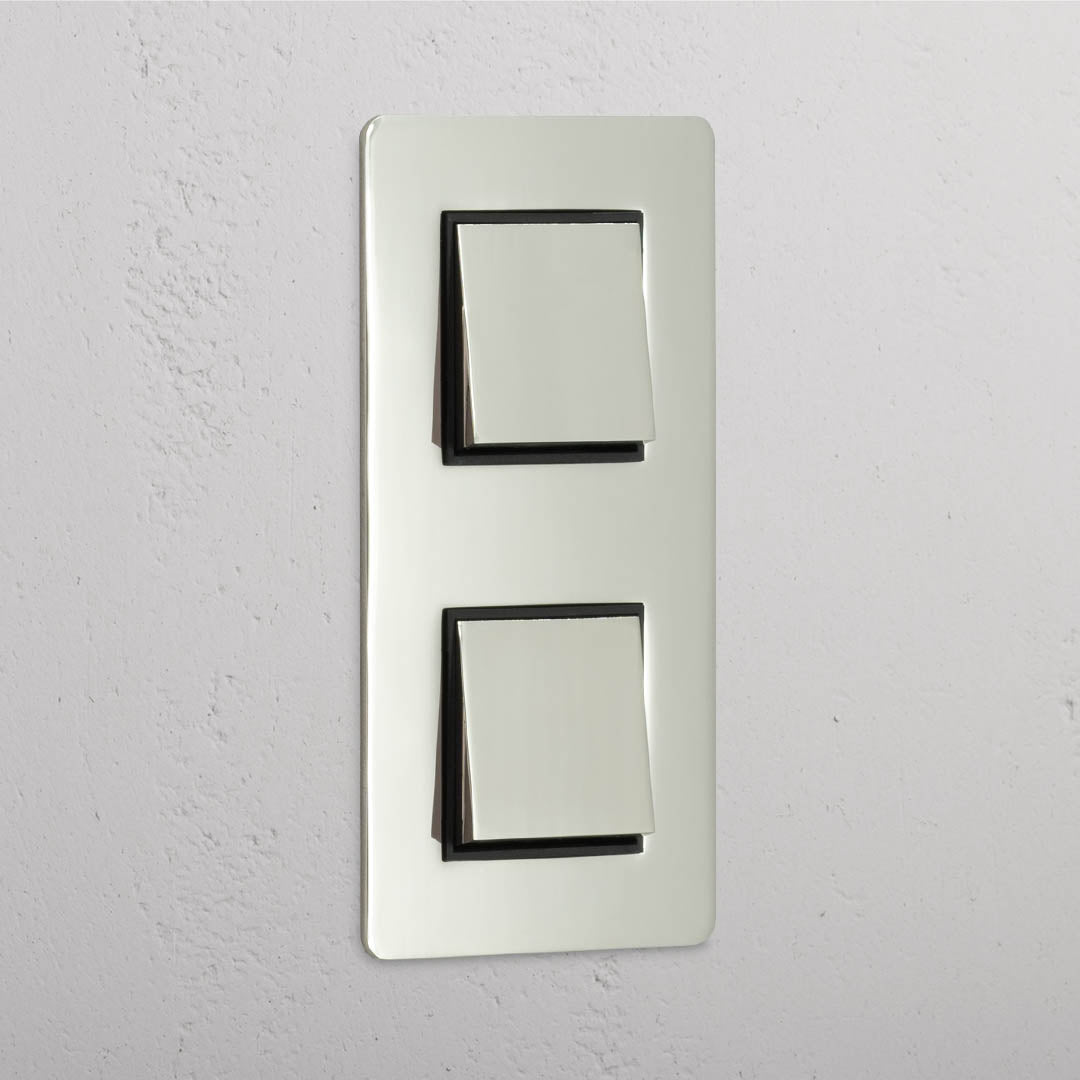 Interruptor de controlo de luz vertical duplo: Interruptor basculante vertical 2x duplo Níquel Polido Preto