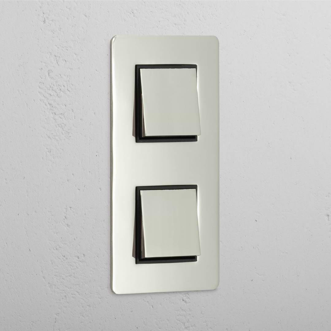 Interruptor de controlo de luz vertical duplo: Interruptor basculante vertical 2x duplo Níquel Polido Preto