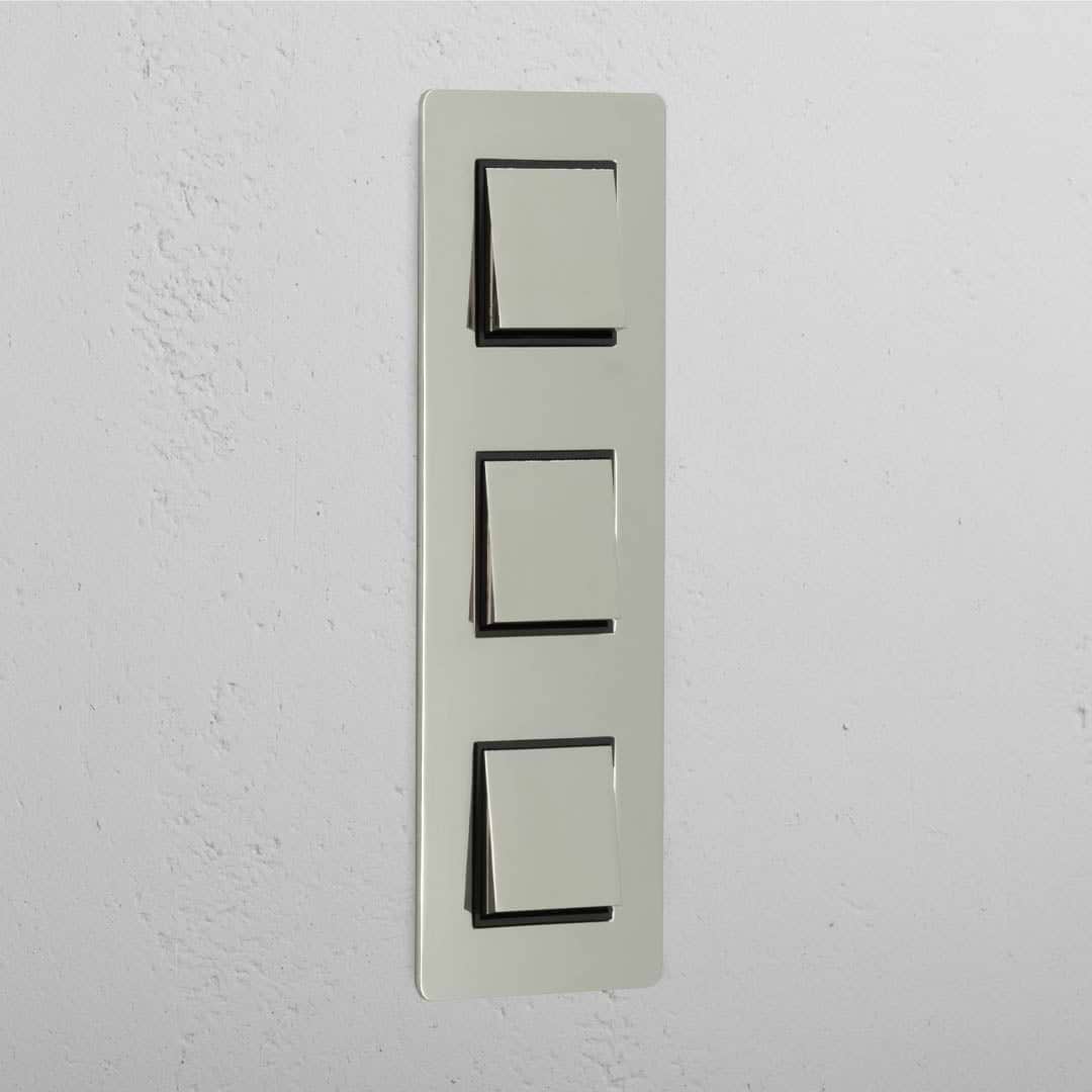 Interruptor de controlo de luz vertical de alta capacidade: Interruptor basculante vertical 3x triplo Níquel Polido Preto
