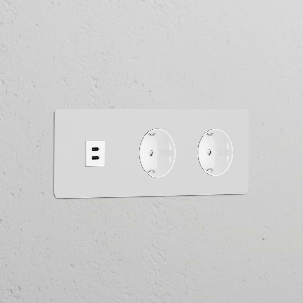 Módulo de alimentação redondo triplo USB 30 W e Schuko Tipo F de duas vias – Pintável Branco