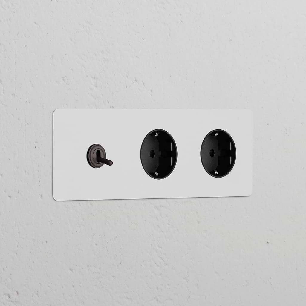 Módulo redondo triplo com interruptor articulado e duas tomadas Schuko Tipo F – Bronze Pintável Preto