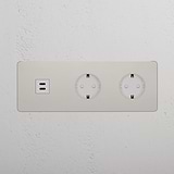 Módulo USB 30 W e Schuko de duas vias triplo redondo – Níquel Polido Branco