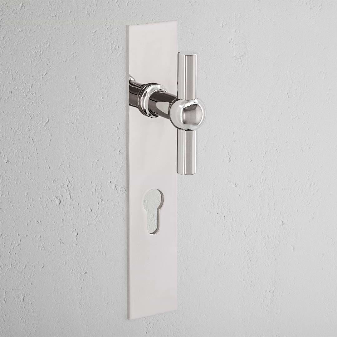 Puxador de porta em T Harper com espelho comprido (com mola) e fechadura europeia – Níquel Polido 