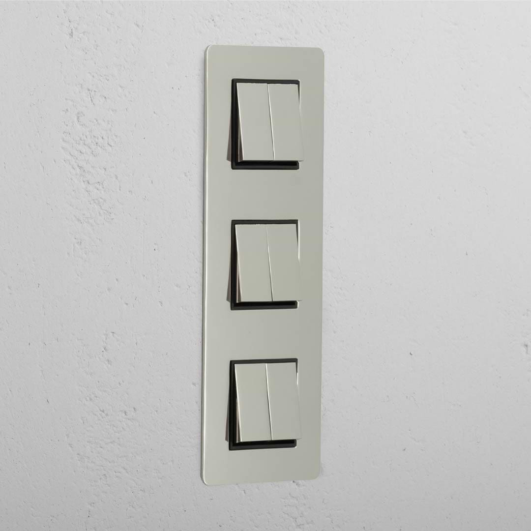 Interruptor de controlo de luz vertical de supercapacidade: Interruptor basculante vertical 6x triplo Níquel Polido Preto