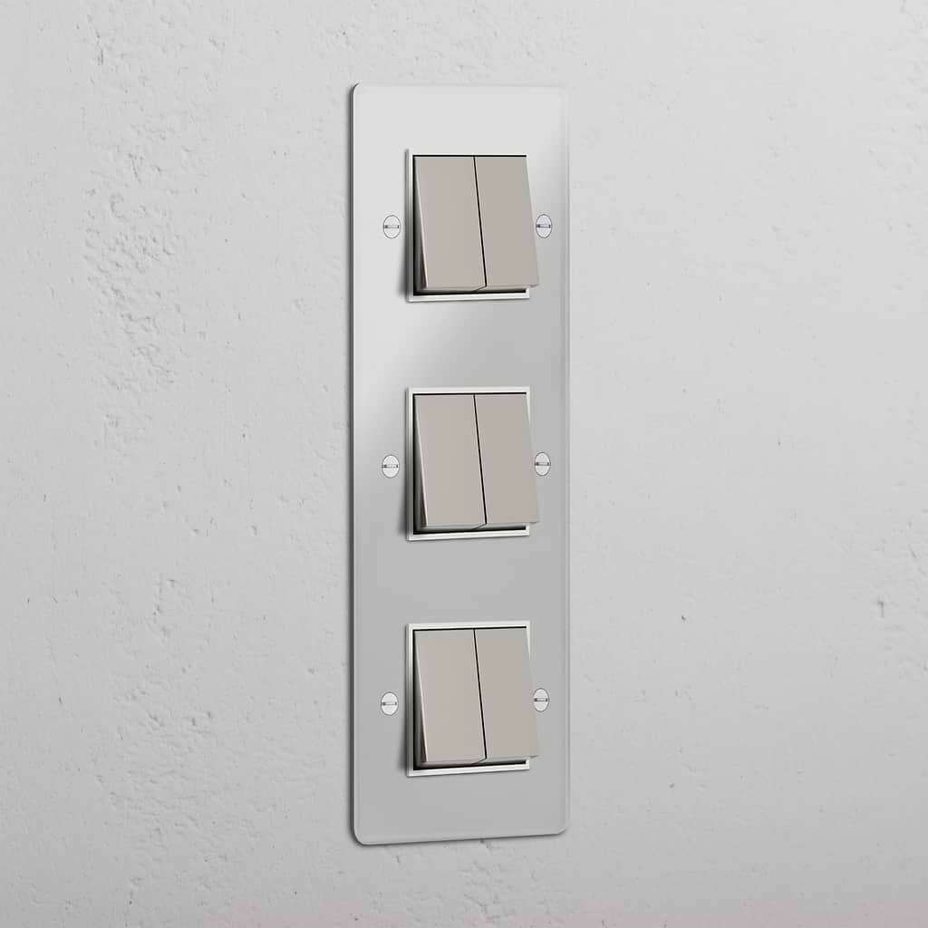 Interruptor basculante triplo de seis funções vertical em Níquel Polido Transparente Branco - Solução de iluminação avançada