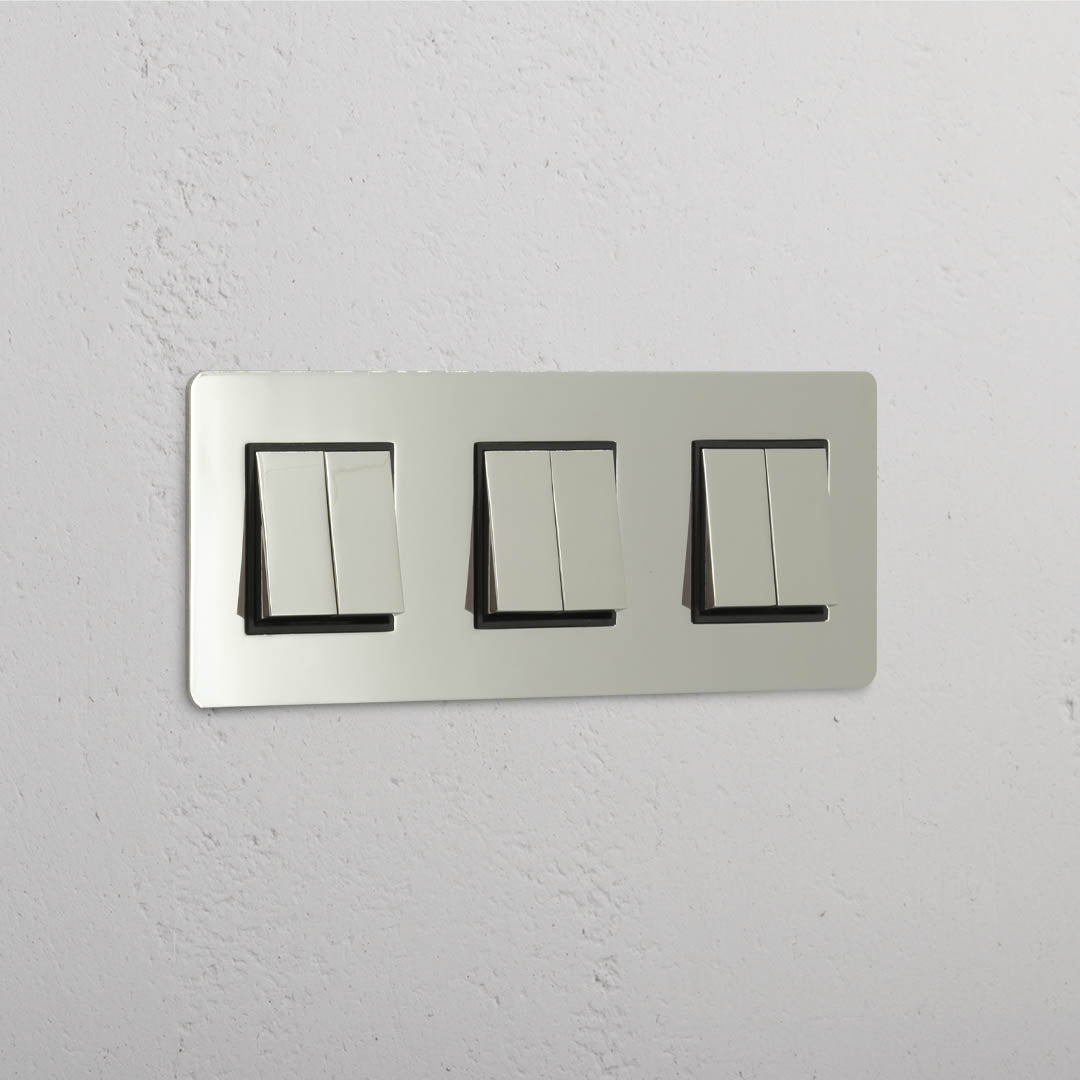 Interruptor de controlo de luz de supercapacidade: Interruptor basculante 6x triplo Níquel Polido Preto