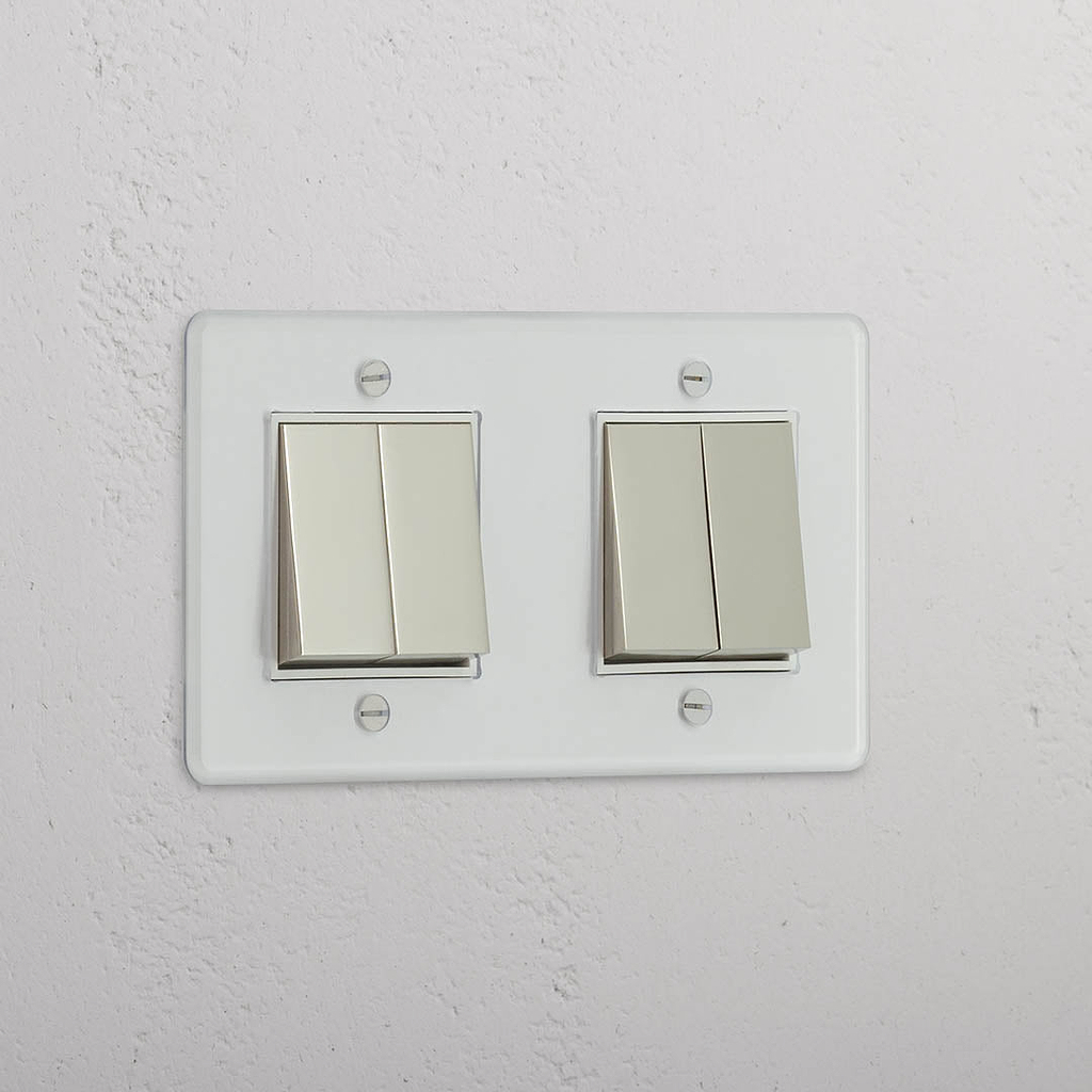 Interruptor basculante duplo de quatro posições em Níquel Polido Transparente Branco - Ferramenta de controlo de luz versátil