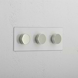 Sofisticado interruptor regulador triplo em Níquel Polido Transparente - Sistema de iluminação ajustável