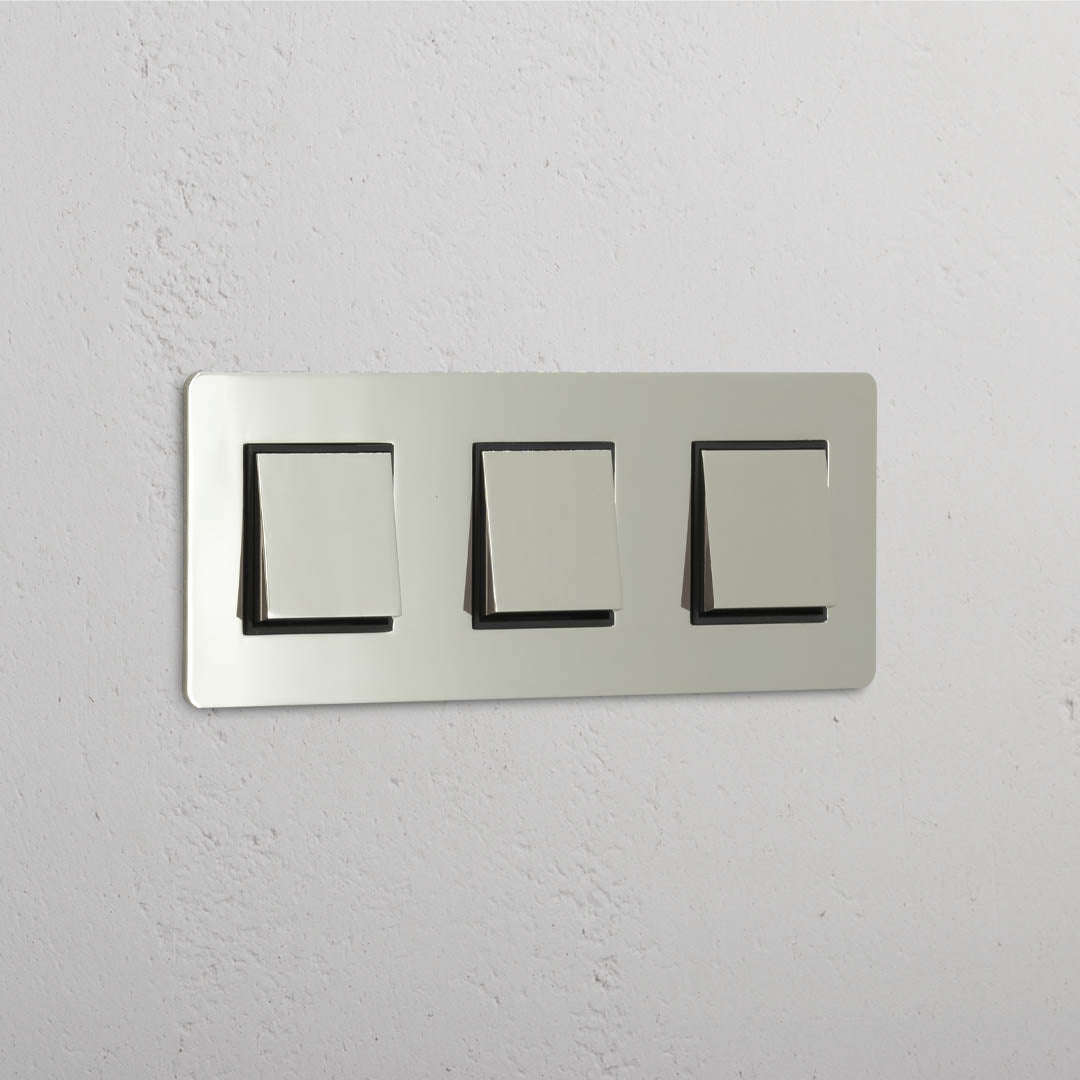 Interruptor de controlo de luz de alta capacidade: Interruptor basculante 3x triplo Níquel Polido Preto